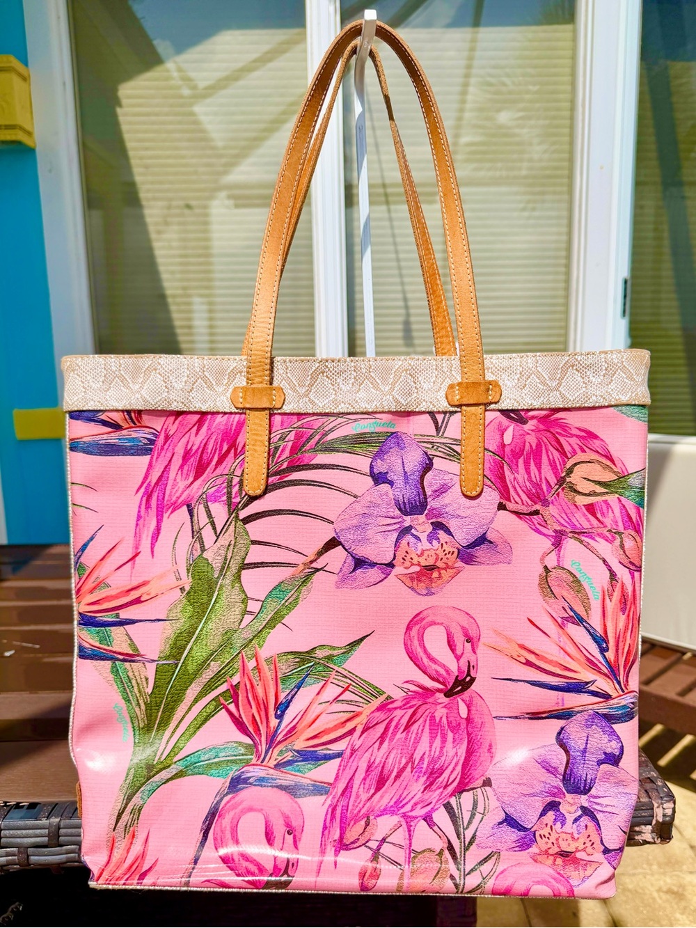 Consuela Brynn Slim Tote - Retired Pink Flamingo & Tropical with Tan Handles